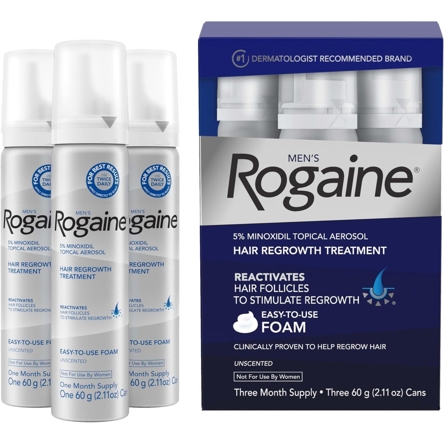 Men's Rogaine 5% Minoxidil Topical Foam, Unscented, 3 Mo Supply, 3x 2.11 Oz | Hair Regrowth Foam, Topical Hair Loss Treatment for Men, Regrow Fuller, Thicker Hair, Unscented, Aerosol, 3-Month Supply