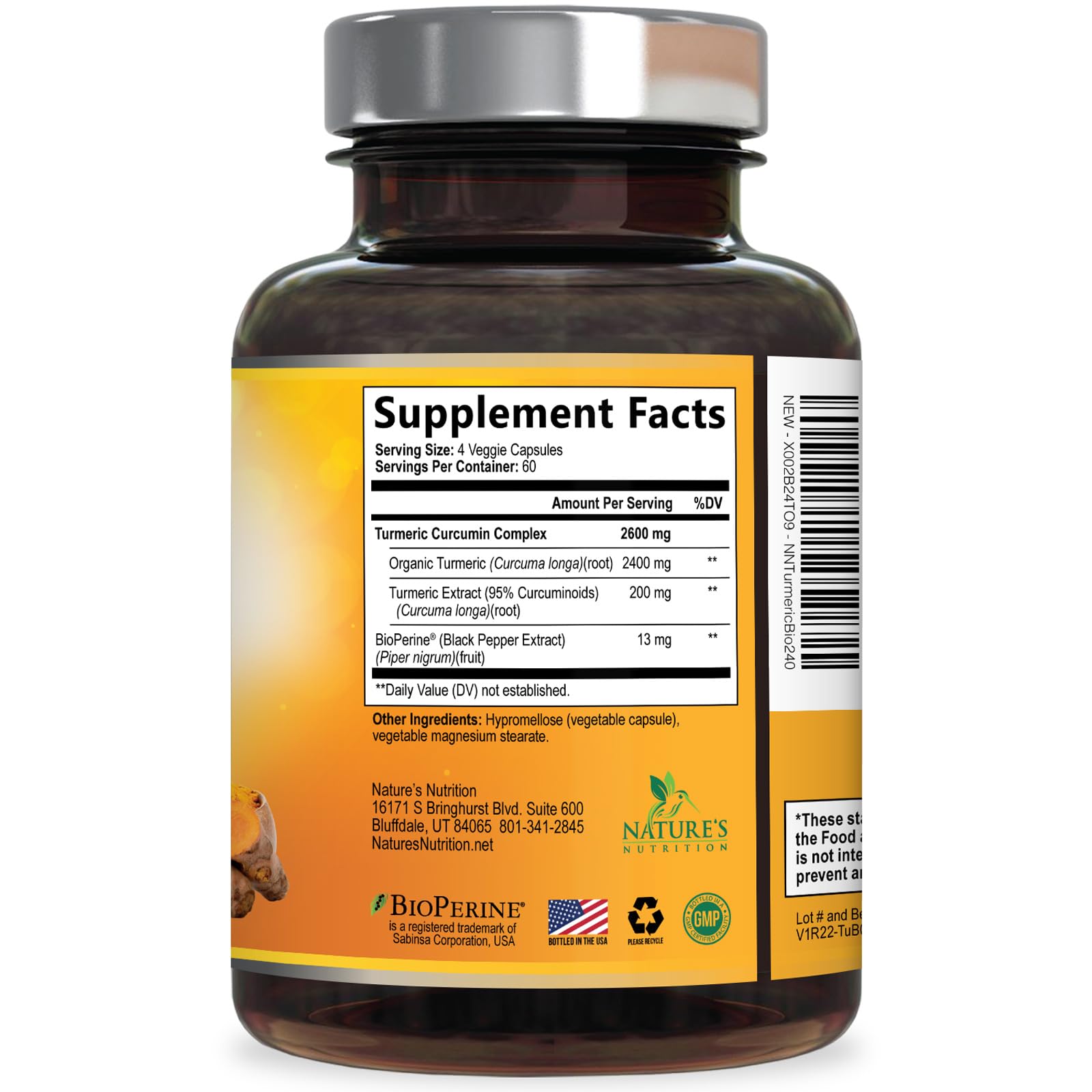 Turmeric Curcumin Supplement - 2400mg Organic Turmeric Per Serving - 95% Curcuminoids & BioPerine Black Pepper Extract for Best Absorption - Natural Vegan Joint Support, Bottled in USA - 240 Capsules