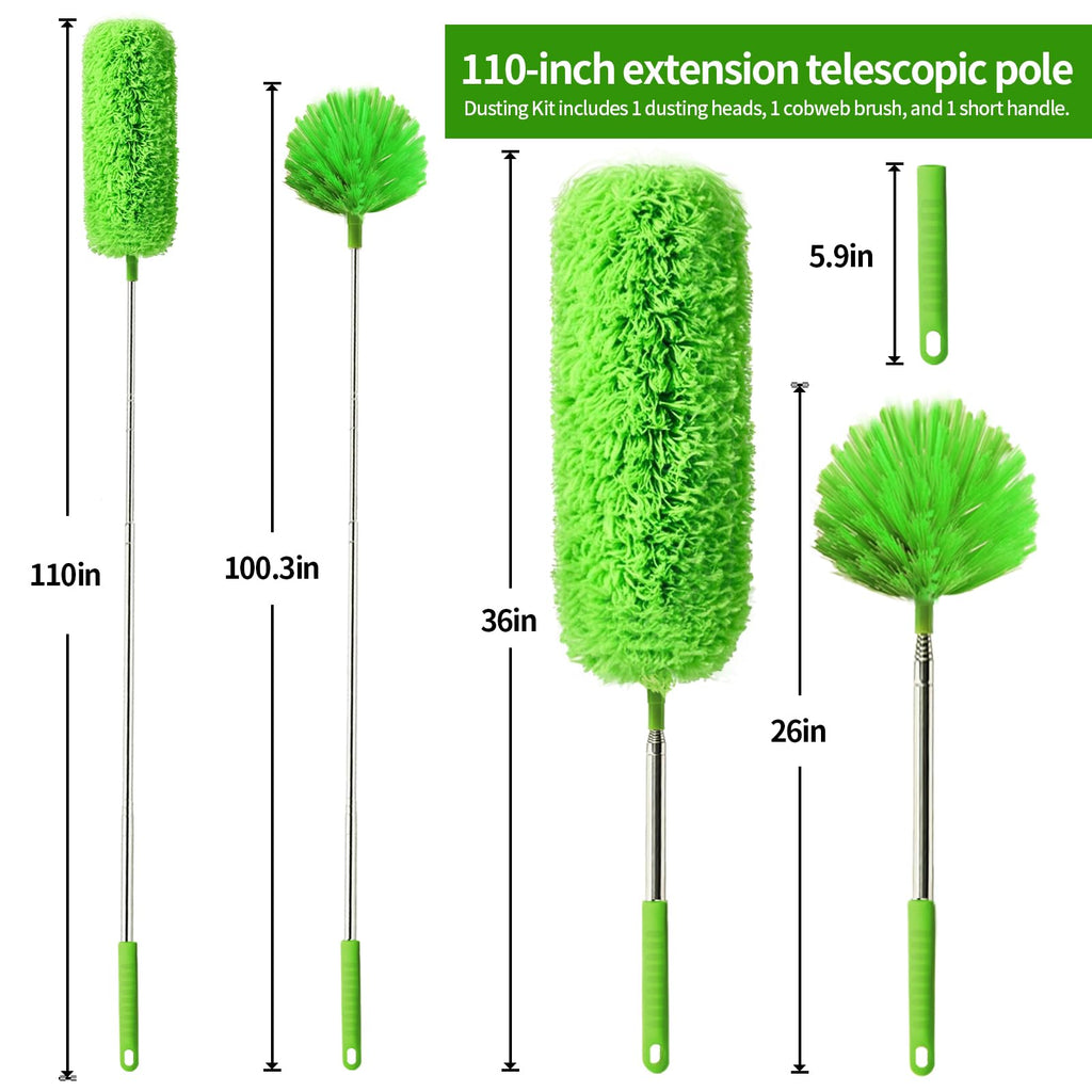 Cobweb Duster with Extension Pole, Washable Cleaning Duster Set with 2 Duster Heads, 15-110-Inch Telescoping Pole for high Ceiling Fans, Long Duster for high Ceilings，Spider Web Brush，Corner Brush