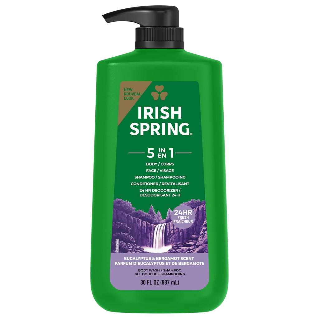 Buy now Irish Spring 5 in 1 Moisturizing Body Wash for Men, Shampoo, Conditioner, Body and Face Wash, and 24 Hour Deodorizer, Paraben-Free, Fresh Eucalyptus & Bergamot Scent, 20 fl oz at indiglob india