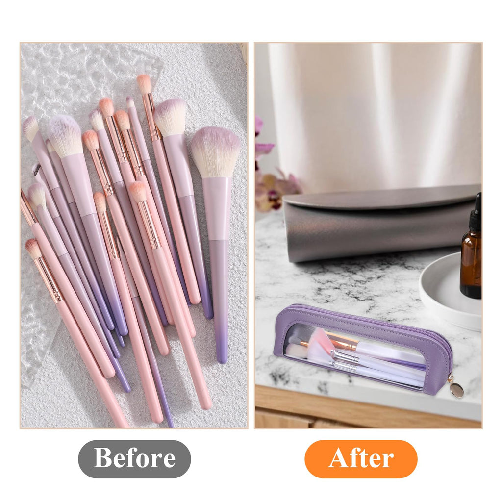 Stylish small clear makeup bag in PU leather, perfect for organizing beauty brushes and essentials. Authentic design.