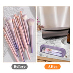 Stylish small clear makeup bag in PU leather, perfect for organizing beauty brushes and essentials. Authentic design.