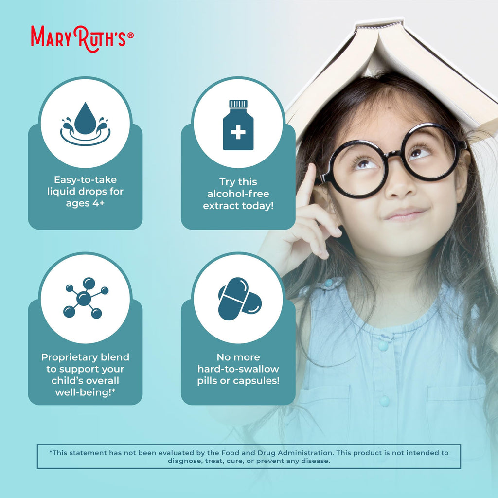 MARYRUTH'S Kids Focus & Attention Drops, USDA Organic Drops, 30 Servings | USDA Organic, Ginkgo Biloba, Rhodiola Root & Licorice Root, Adaptogenic, Vegan