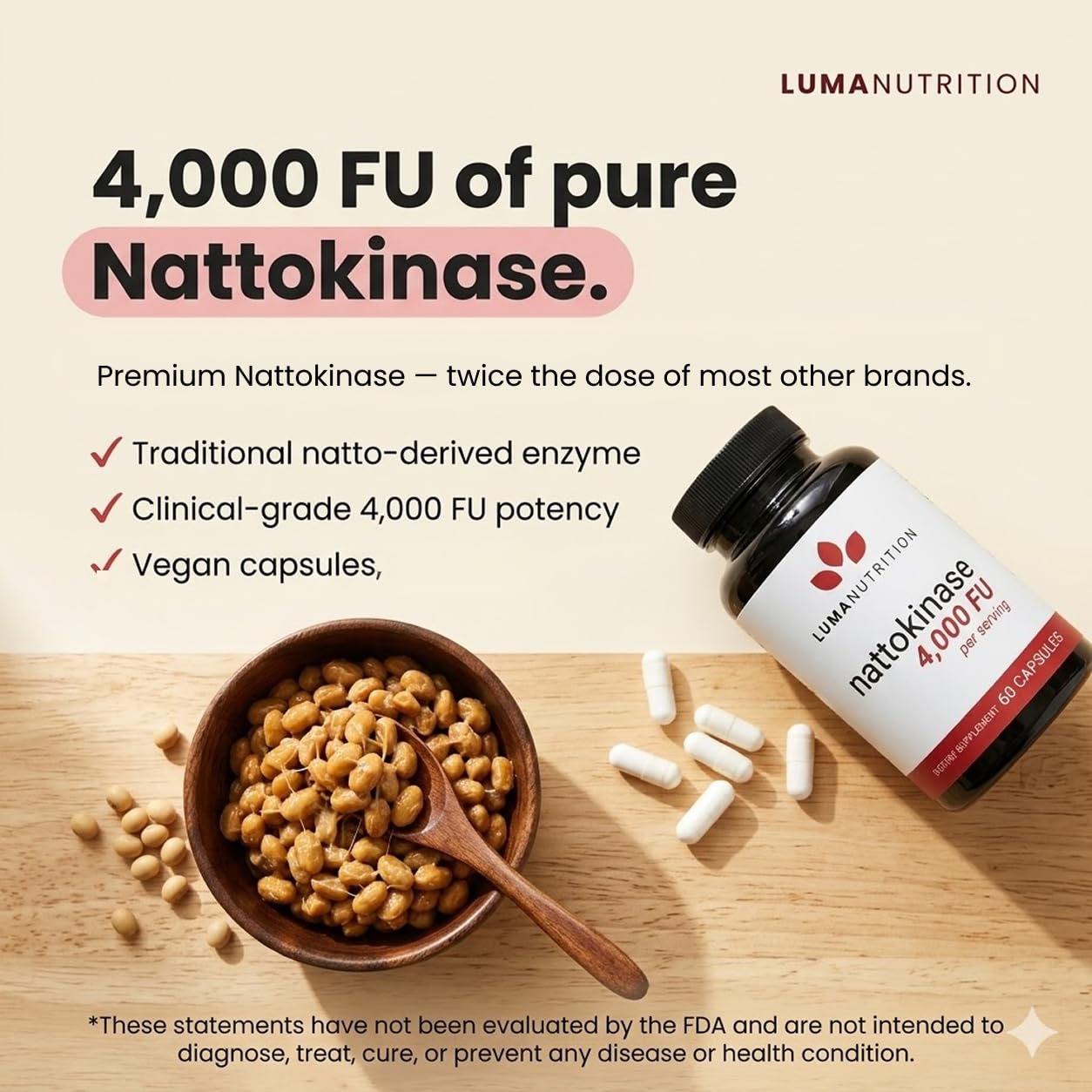 Luma Nutrition Nattokinase Supplement 4000 FU Per Serving - 60 Capsules