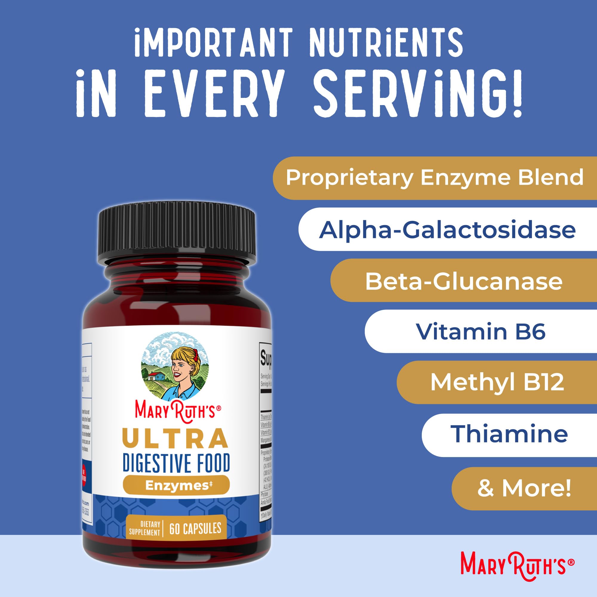 MARYRUTH'S Ultra Digestive Enzymes, Gut Health Supplement, 60 Count, Lipase | Gut Health Supplement, Digestion & Immune Support, Occasional Gas & Bloating Relief, 12+ Enzymes