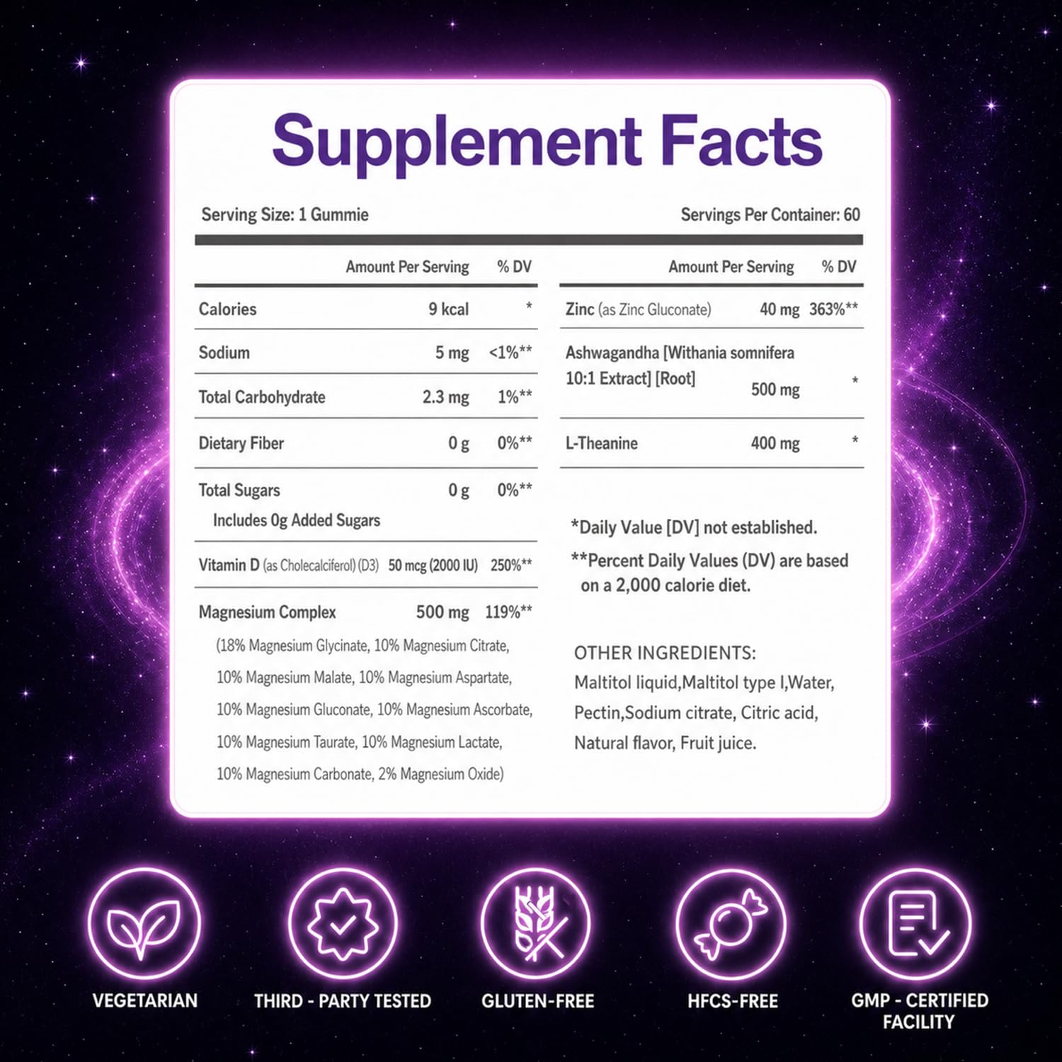 Magnesium Glycinate Gummies, 500mg 14-in-1 Magnesium Complex, 60 Count | With Ashwagandha, L-Theanine, Zinc & Vitamin D3 to Support Relaxation, Sleep, Muscle & Immune Health