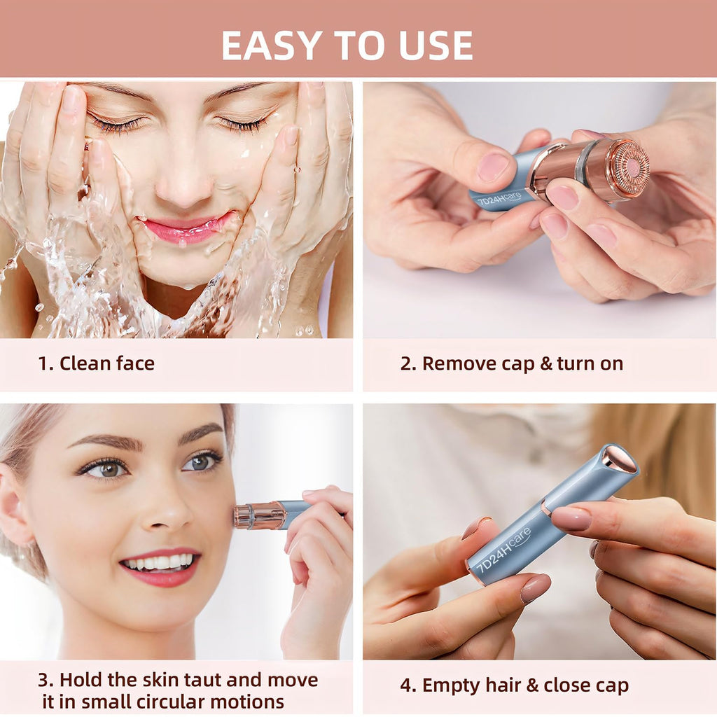 Facial Hair Remover for Women, Rechargeable, 2 Replacement Heads | LED face shaver for upper lip, chin, cheeks, and peach fuzz; compact USB charging design for home and travel