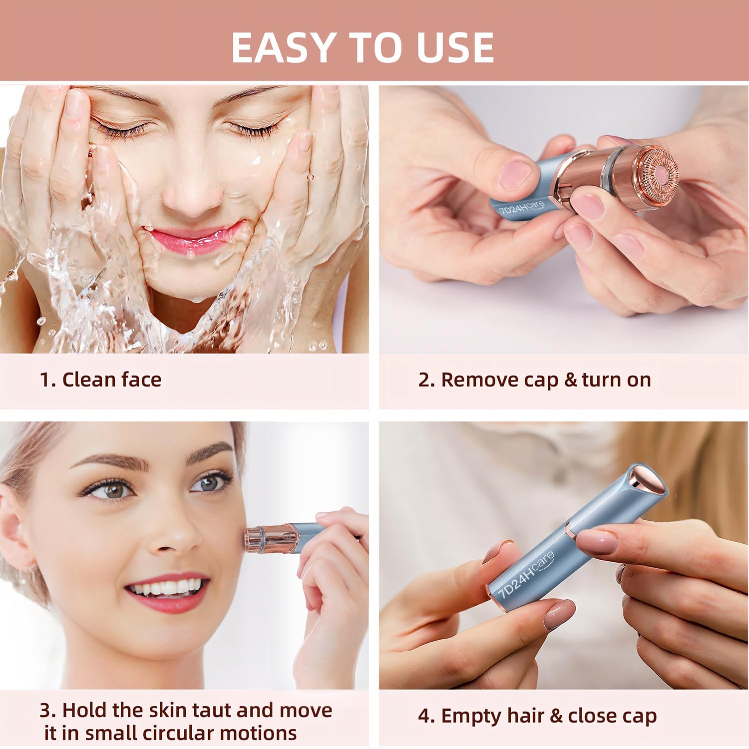 Facial Hair Remover for Women, Rechargeable, 2 Replacement Heads | LED face shaver for upper lip, chin, cheeks, and peach fuzz; compact USB charging design for home and travel
