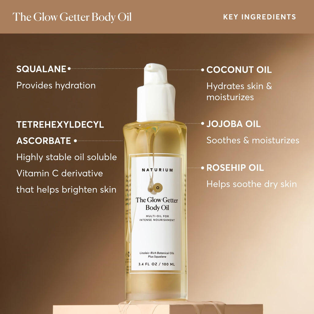 Naturium The Glow Getter Body Oil, Botanical Blend with Squalane, 3.4 oz | Hydrating & Moisturizing Body Oil, Intense Nourishment with Olive, Jojoba, Rosehip & Sea Buckthorn, Smooth & Firm Skin Finish