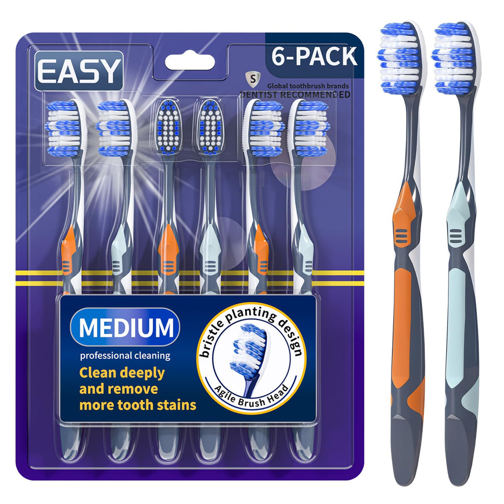 Medium Toothbrushes for Adults with Tongue Cleaner, Utilizing whitening Spiral Wave Brush bristles, it Effectively Cleans Coffee, Tea, and Smoke Stains, Gentle Rounded Tips（6 Pack）