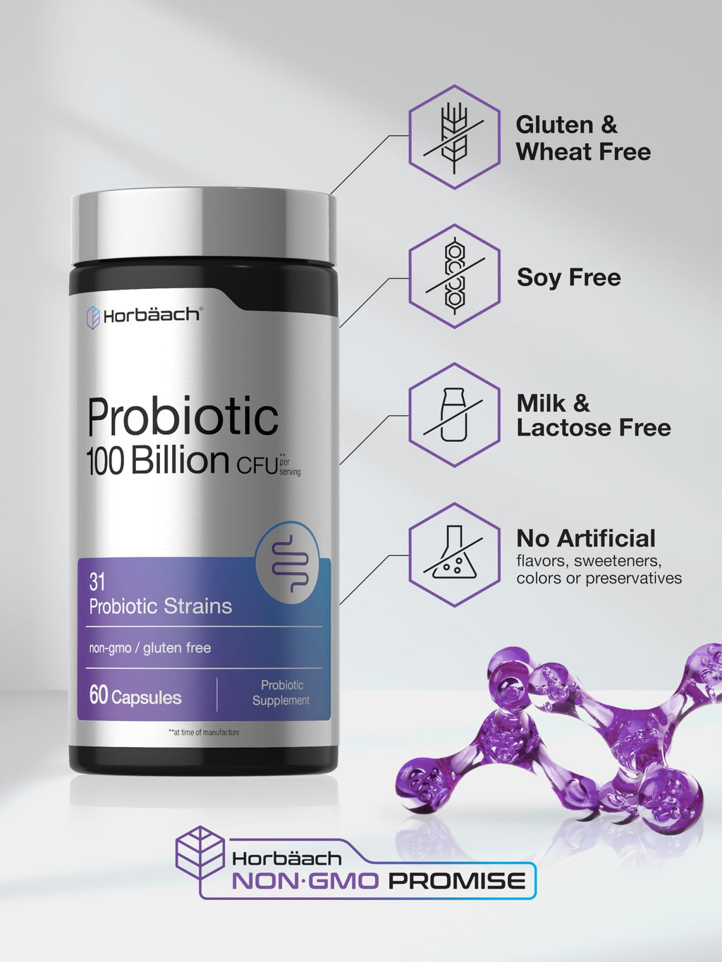 Horbäach Probiotic 100 Billion CFU | 60 Capsules | 31 Probiotic Strains