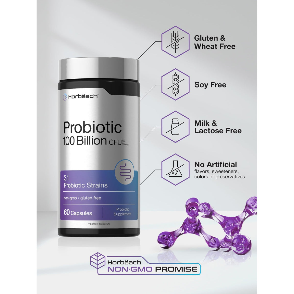 Horbäach Probiotic 100 Billion CFU | 60 Capsules | 31 Probiotic Strains