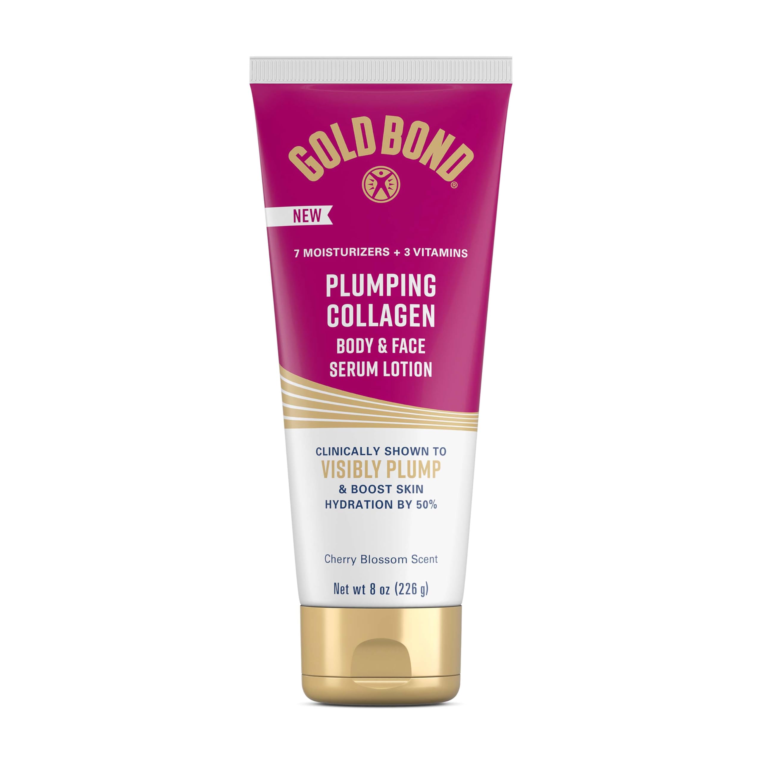 Gold Bond Plumping Collagen Body & Face Serum Lotion, Hydrating Moisturizer | Scented lotion with collagen peptide complex, jojoba & grapeseed oils to visibly plump skin, cherry blossom scent, 8 oz