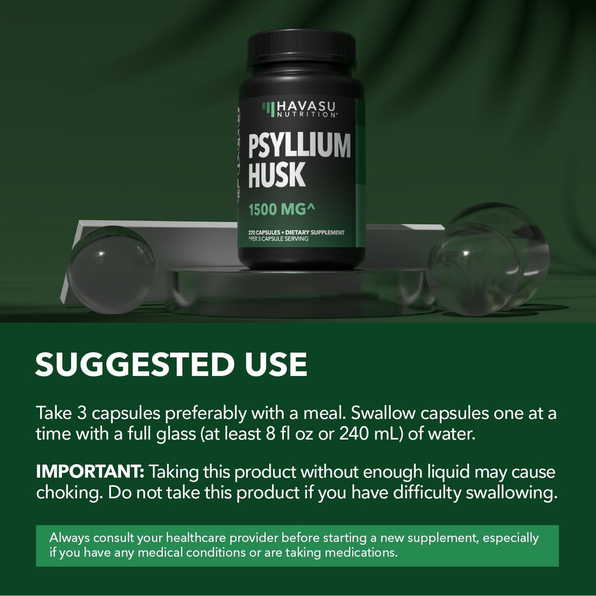 Vegan Psyllium Husk Fiber Capsules, GLP-1 Nutritional Support, 270 Pills