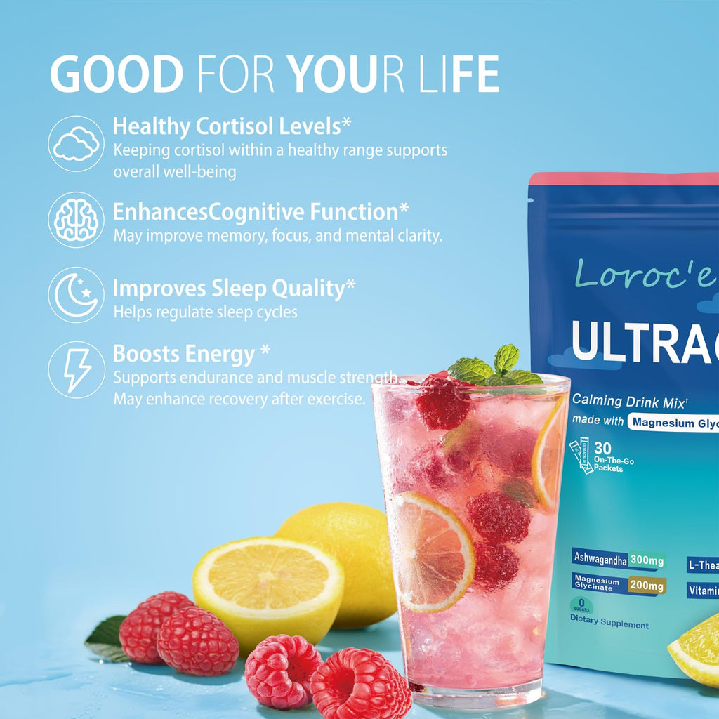 UltraCalm Super Cortisol Drink Mix - Raspberry Lemonade (2 x 30 Packets) | with Ashwagandha, Magnesium Glycinate & L-Theanine Supplement - Sleep and Relaxation Support