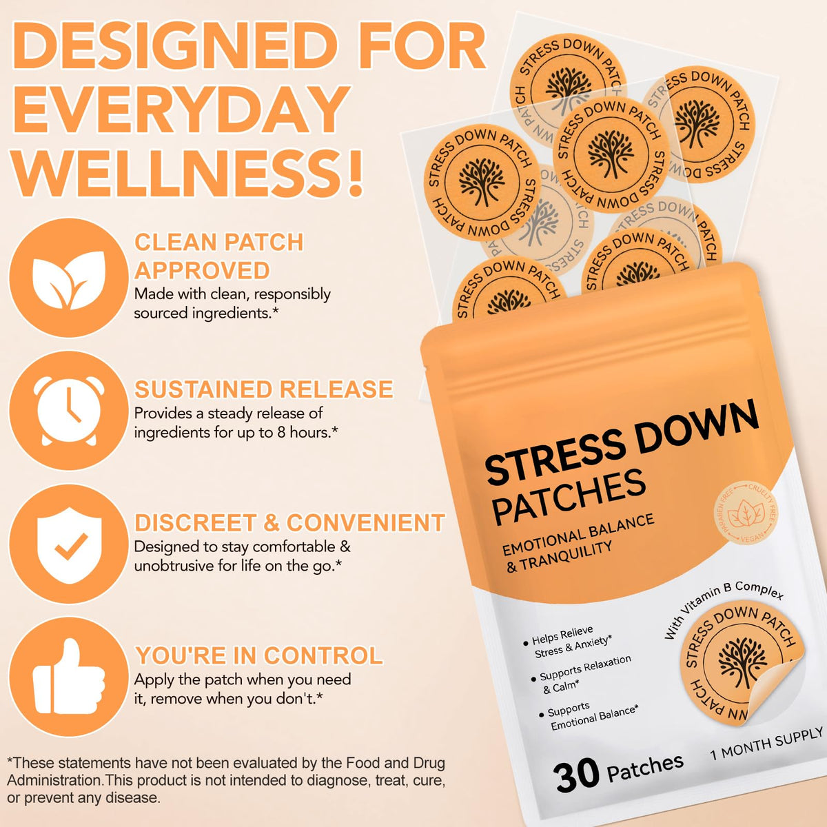 Stress Down Patches - Stress & Anxiety Relief, Cortisol Level Support for Women Men, 30 Patches