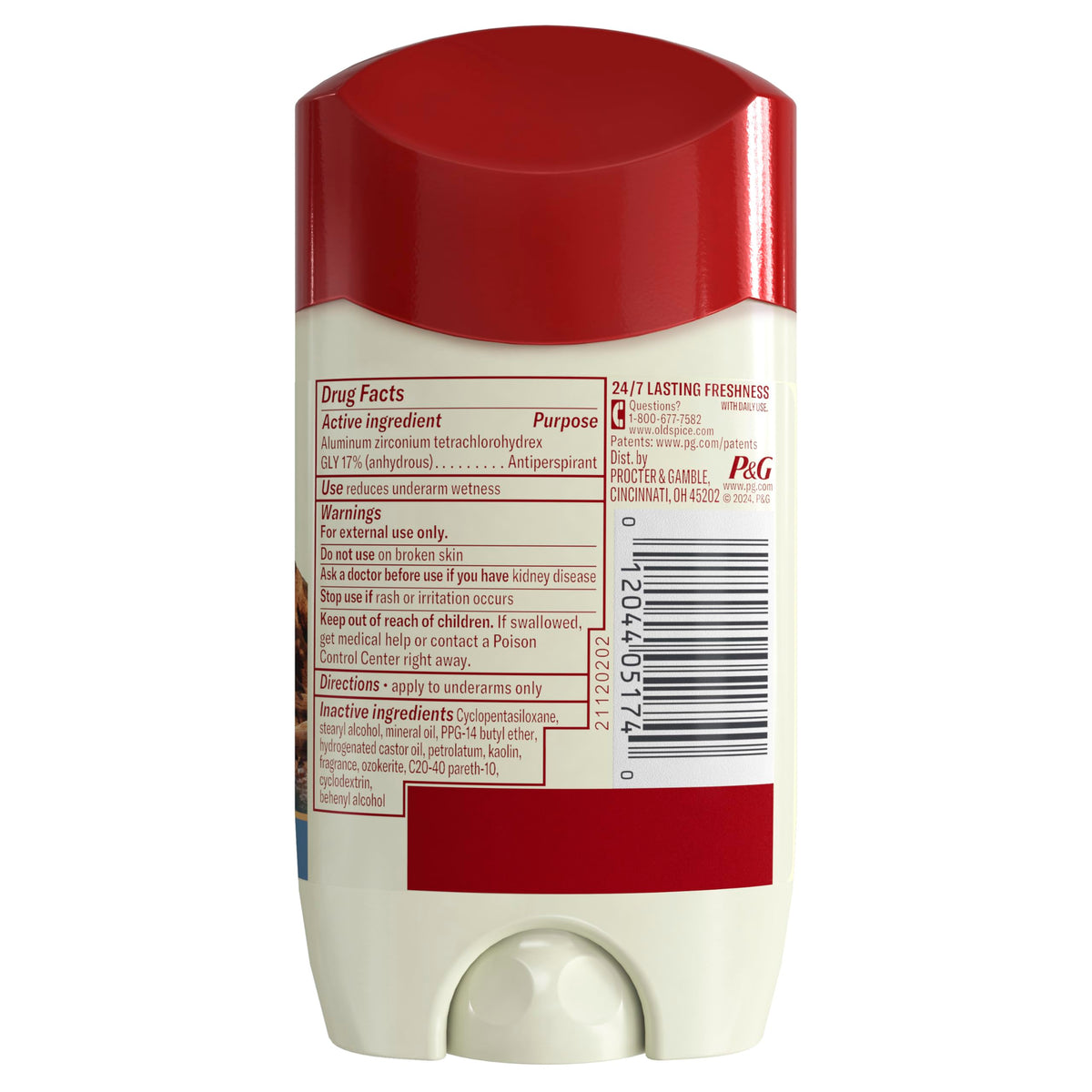 Authentic Old Spice Antiperspirant & Deodorant stick with drug facts and instructions, ensuring 24/7 lasting freshness.