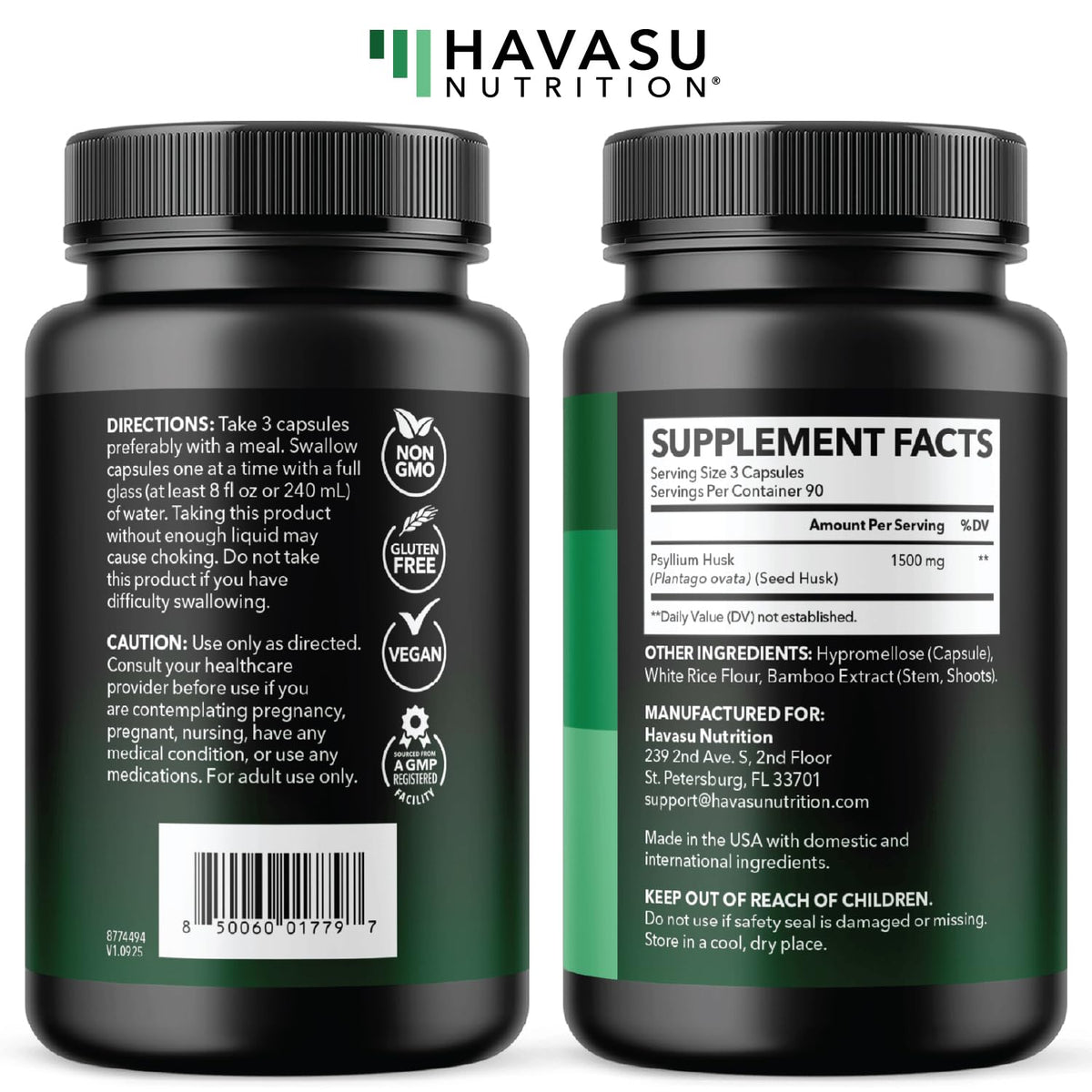 Vegan Psyllium Husk Fiber Capsules, GLP-1 Nutritional Support, 270 Pills