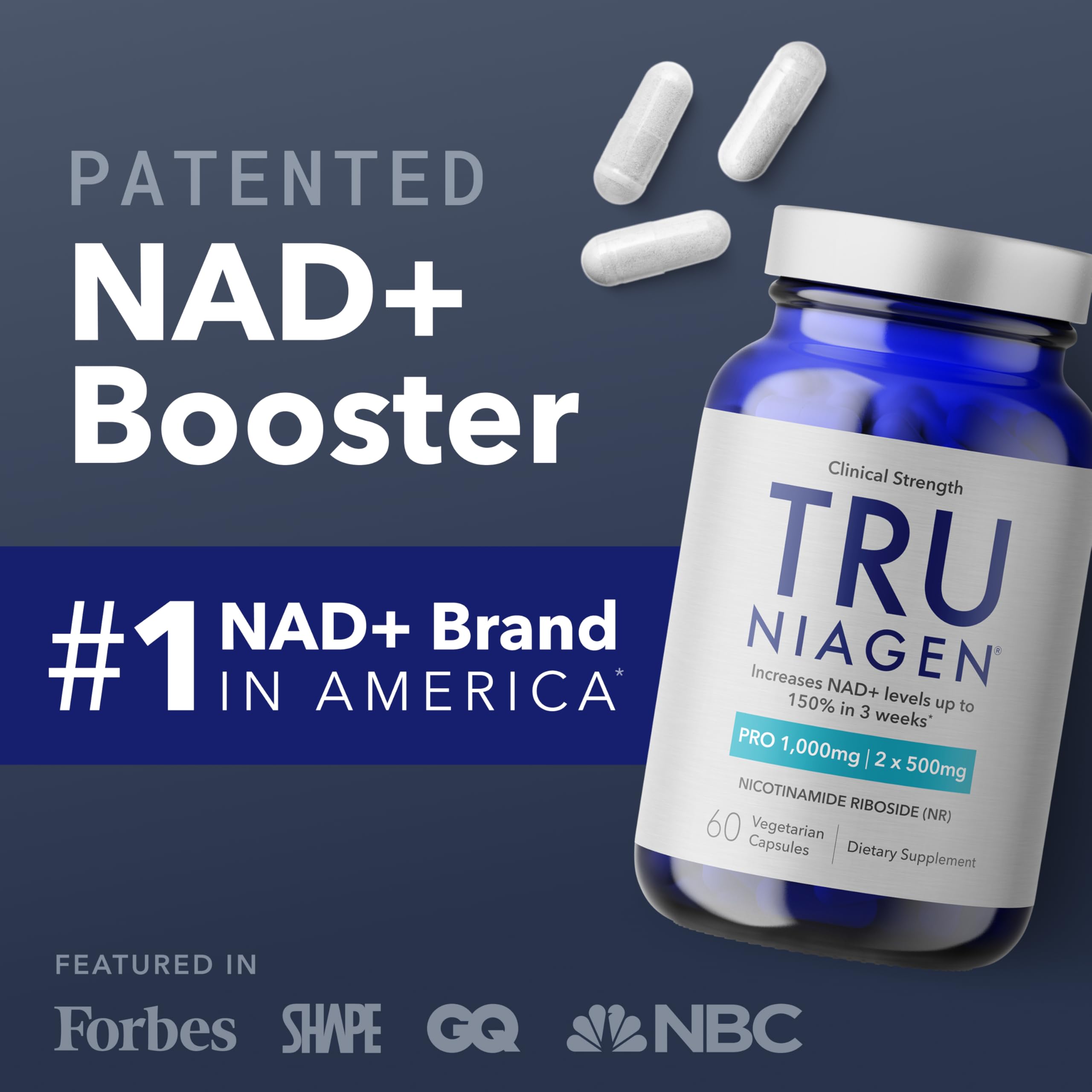 TRU NIAGEN NAD+ Supplement, Nicotinamide Riboside 1000mg, 30 Daily Servings | High-potency NAD+ support: 1000mg Niagen NR daily from two 500mg capsules, supports cellular energy and healthy aging.