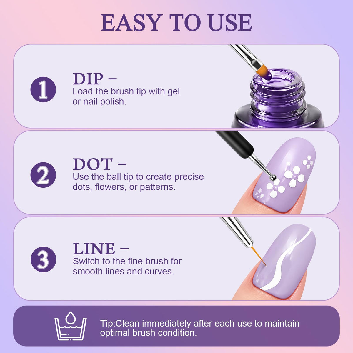 6 PCS Nail Art Brushes, Double-ended Dotting Tool with 5 Ball Sizes