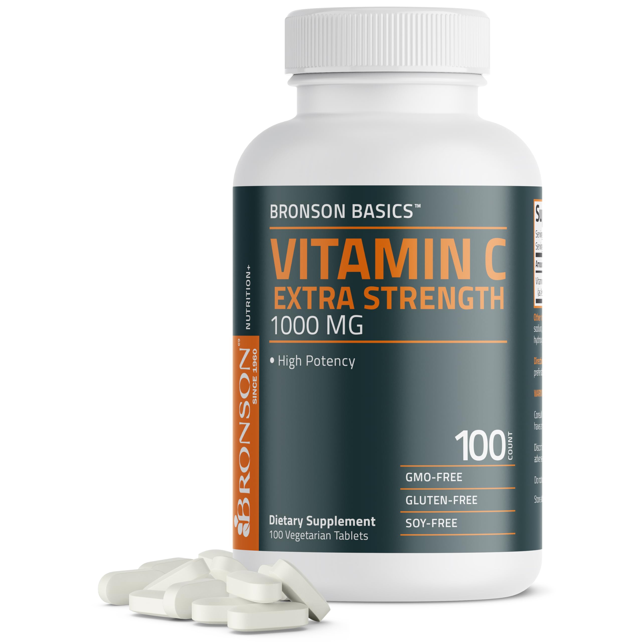 Bronson Vitamin C 1000 mg as Ascorbic Acid, 100 Vegetarian Tablets | Extra Strength Formula, Supports a Healthy Immune System, Non-GMO, Gluten-Free & Soy-Free