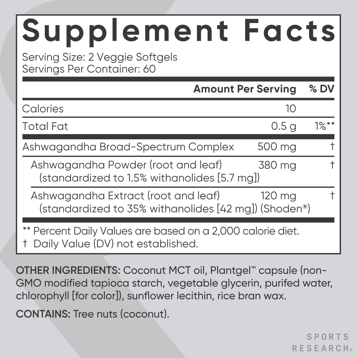 Sports Research® Ashwagandha w/Coconut MCT Oil, 120 Softgels | Natural Ayurvedic Adaptogen w/ Shoden® Ashwa for Relaxation, Calm & Sleep Support, 60 Servings