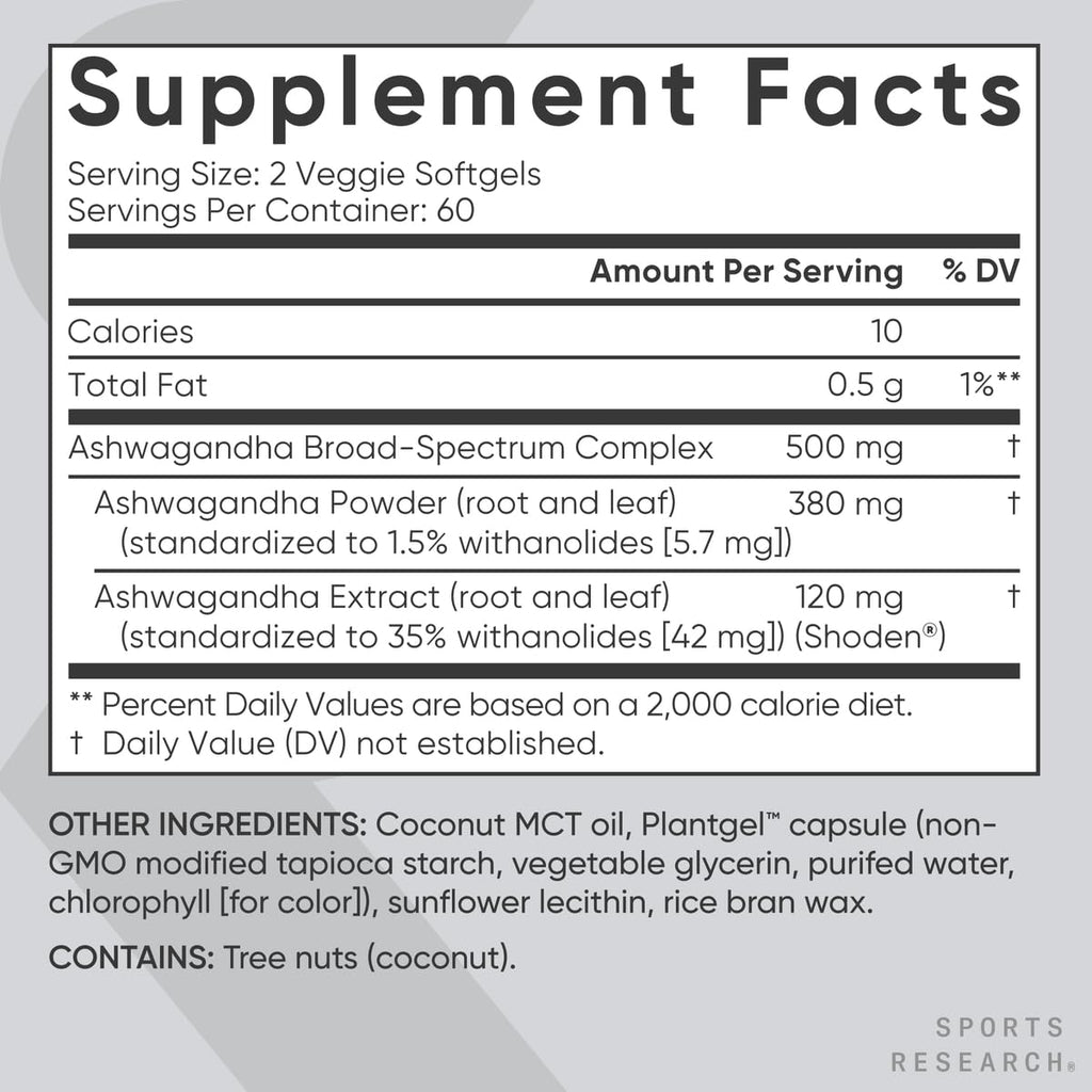 Sports Research® Ashwagandha w/Coconut MCT Oil, 120 Softgels | Natural Ayurvedic Adaptogen w/ Shoden® Ashwa for Relaxation, Calm & Sleep Support, 60 Servings