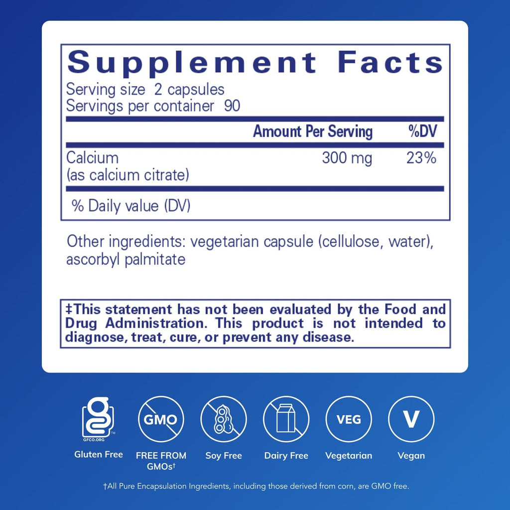 Pure Encapsulations Calcium (Citrate), 180 Capsules | Supplement for Bone, Teeth, Colon, and Cardiovascular Health Support*, with Premium Calcium Citrate