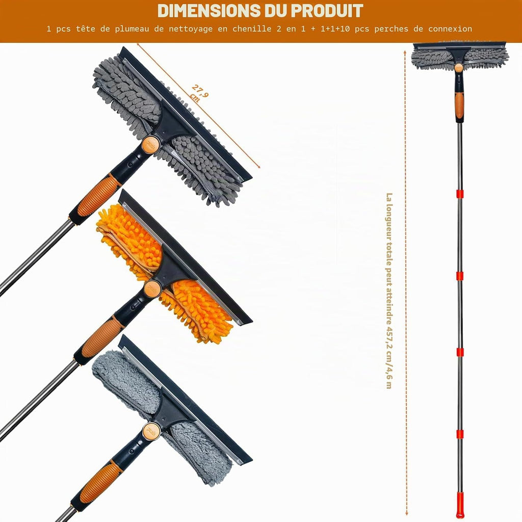 20 ft+ Reach Squeegee Window Cleaner Duster 2 in 1 Rotatable Window Cleaning Tool Kit with 3-14 ft Extension Pole, Window Washing Equipment for Indoor Outdoor Window Car Glass - 3 Pads