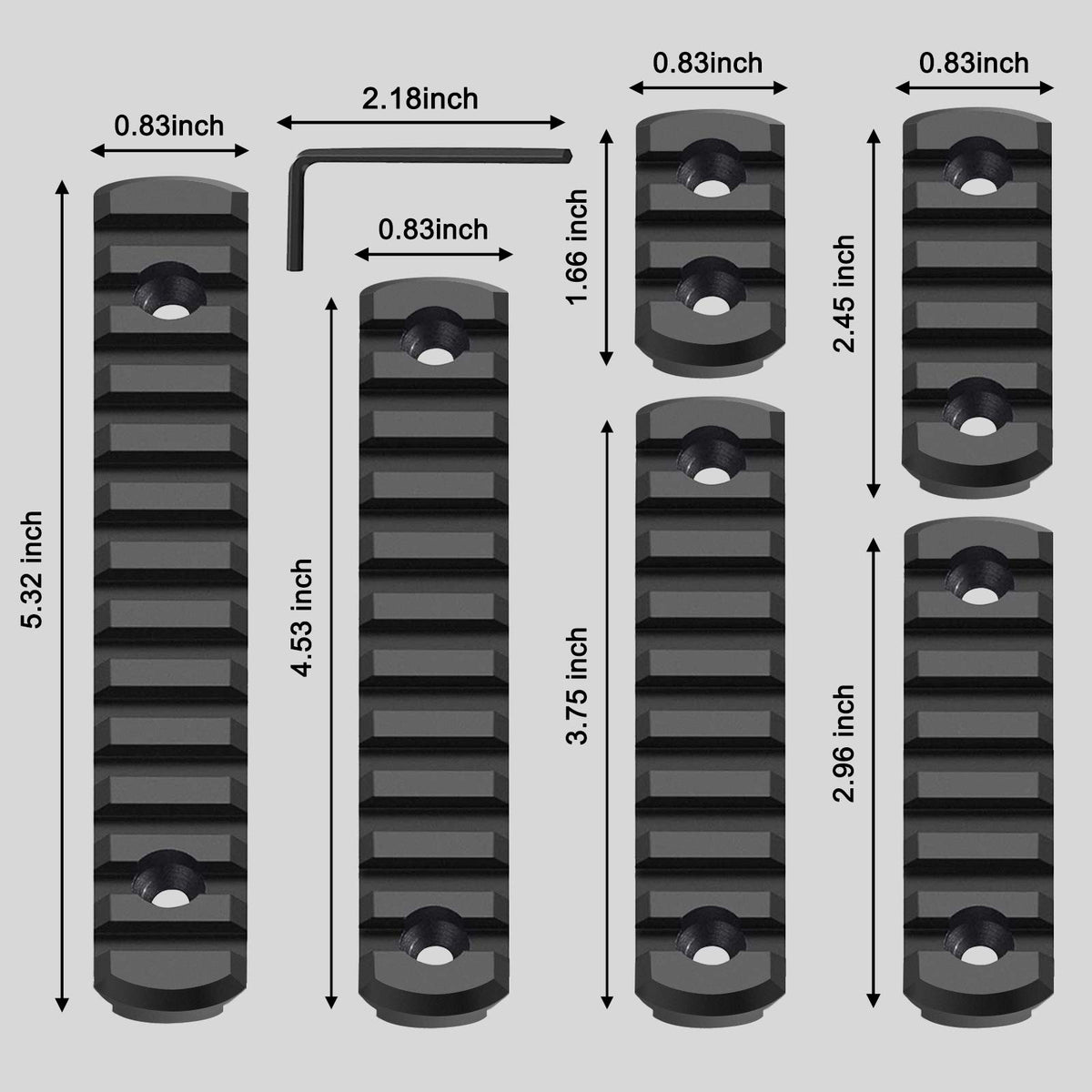 Bontok Single Picatinny Aluminum Accessory Rail Set 3 5 7 9 11 13 Slots with 13 T-Nuts & Screws, 6 Wrench-Rounded Corner