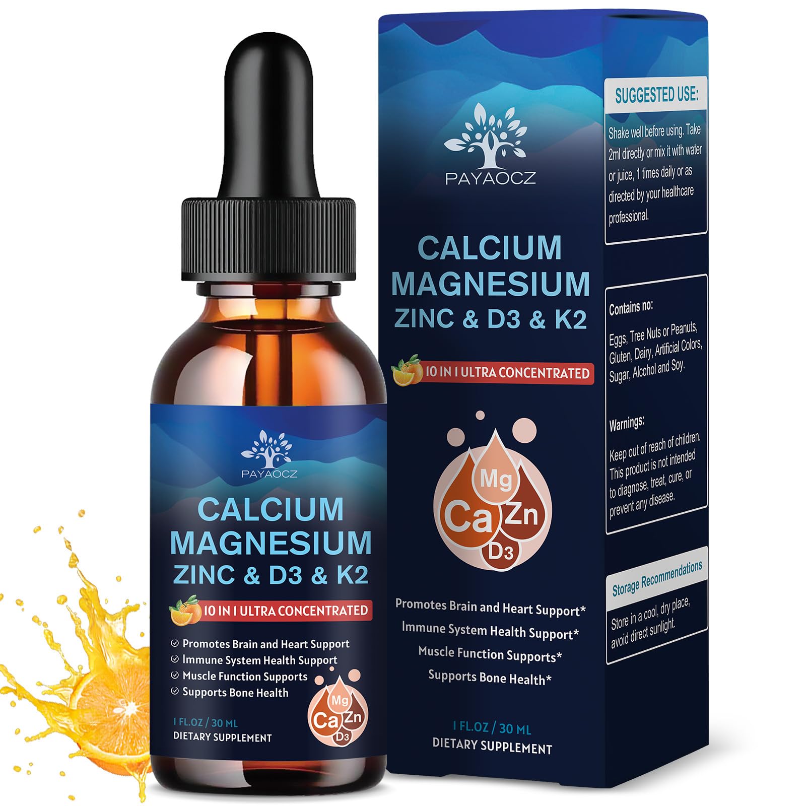 (2 Pack) 10 in 1 Magnesium Calcium Zinc Supplement with Vitamin C D3 K2, Glycinate Mag Vegan Liquid Drops Plus L-Theanine Boron Sea Moss Extract, Immune Support, Bone, Sleep & Leg Cramps, 1 Fl Oz