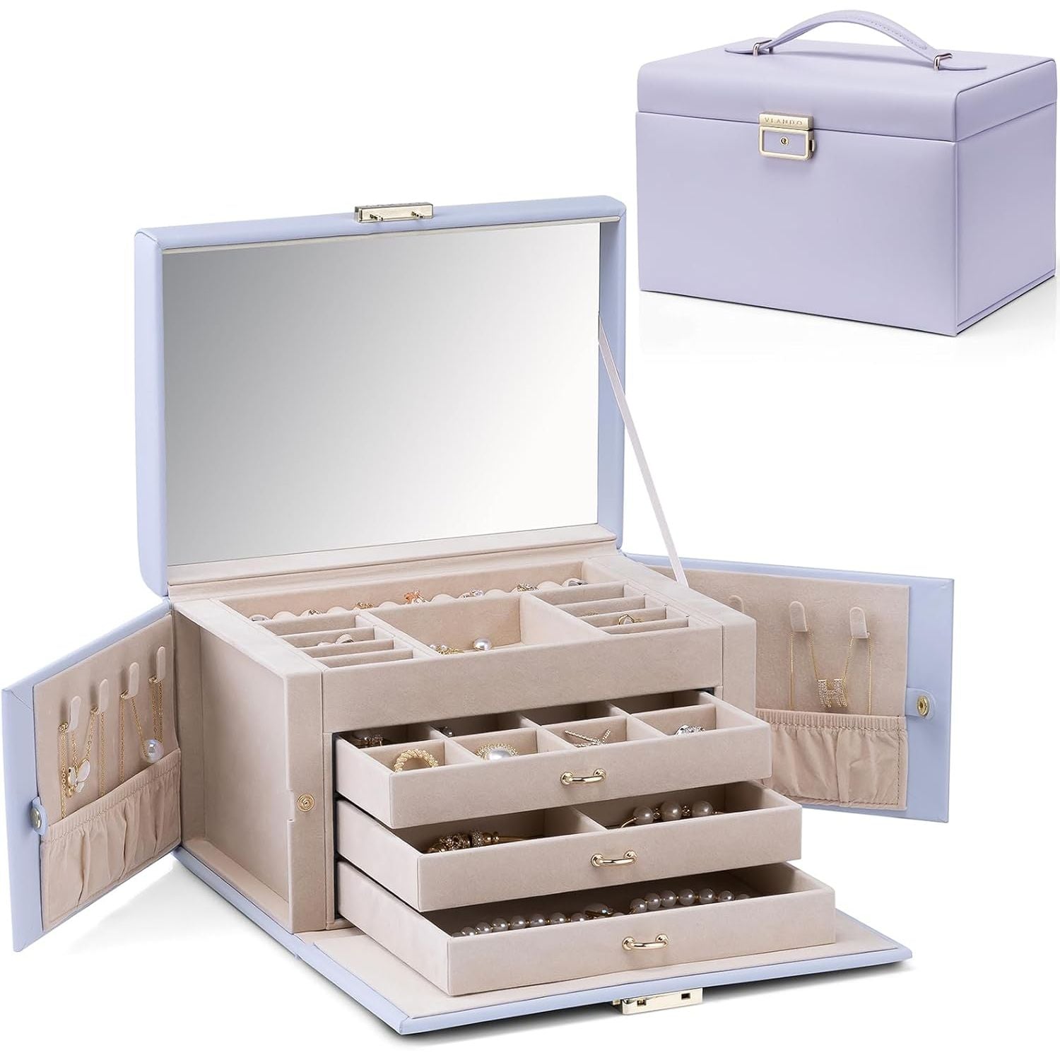 Buy now Vlando Jewelry Box Organizer for Girls Women, Large Baroque Jewelry Holder Organizer with Mirror, 3 Drawers for Bracelets, Earrings, Rings, Necklaces, Mothers Day for Loved One, Pink I. Purple at indiglob india