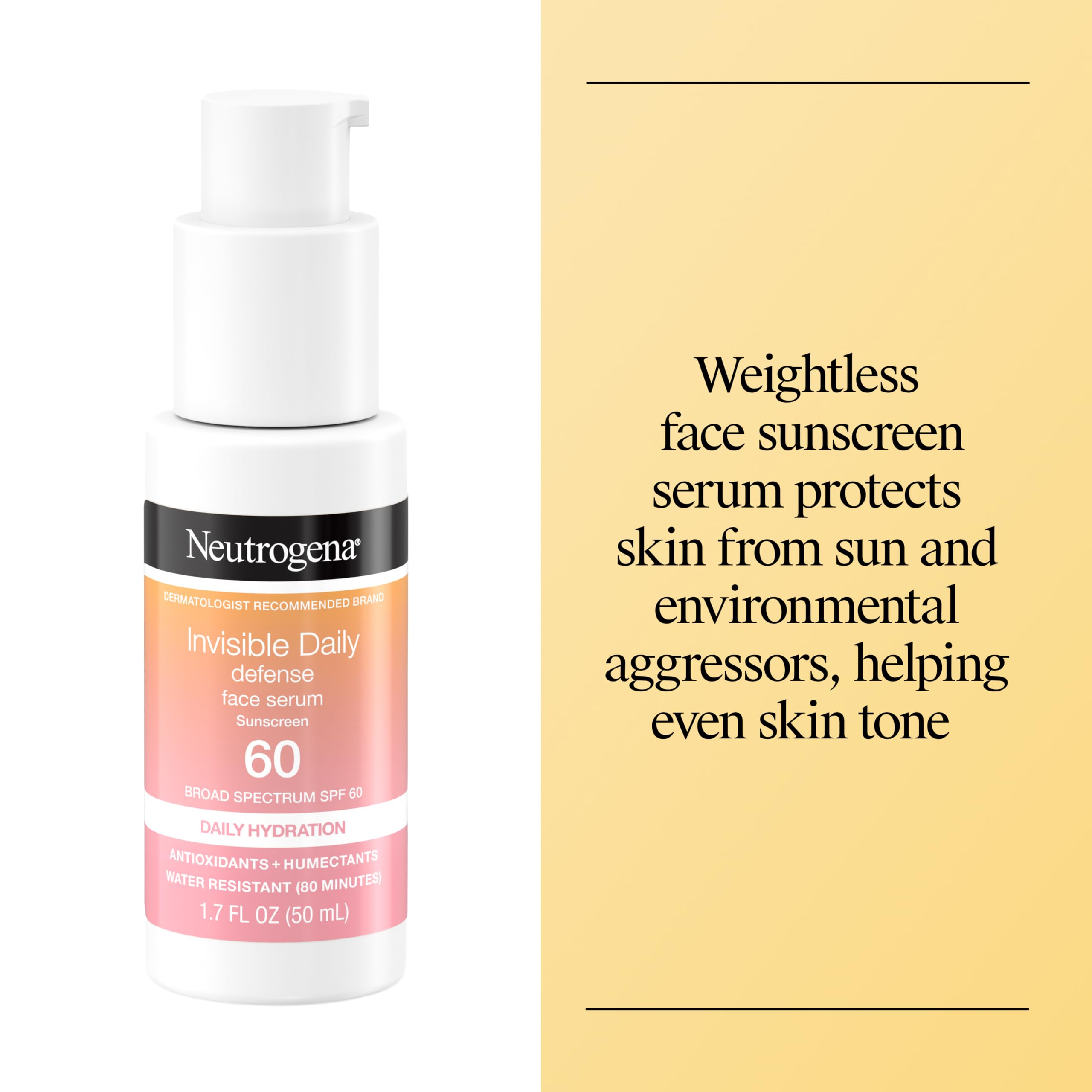 Neutrogena Invisible Defense Face Serum, SPF 60, Fragrance Free 1.7 fl. oz | Broad Spectrum Sunscreen, Hydrating Serum, Water-Resistant, Contains Antioxidants