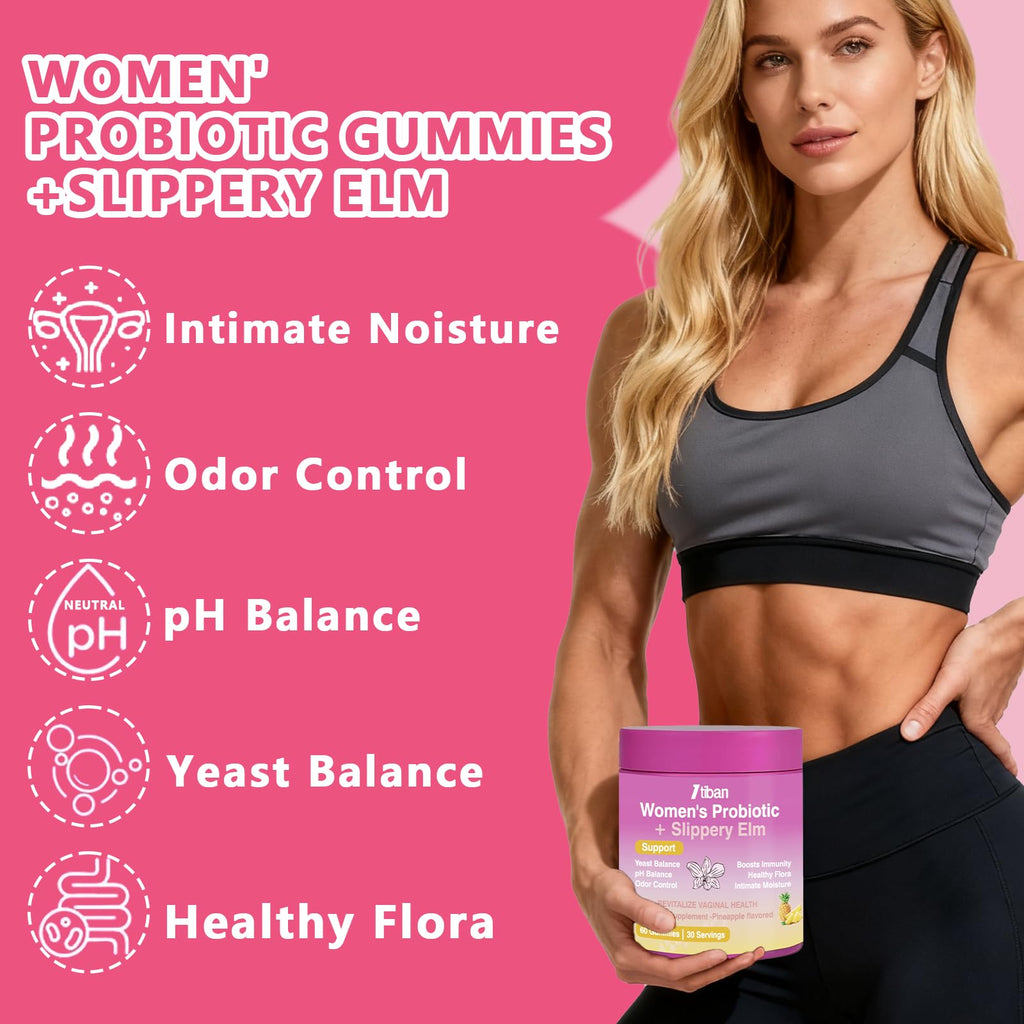 Feminine Vaginal Probiotics Gummies, Supports pH Balance & Digestive Health, Slippery Elm for Women, Suagr-Free, Veagn, Pineapple Flavor, 60 Count