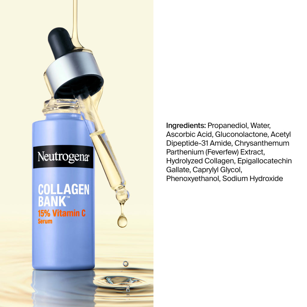 Neutrogena Collagen Bank 15%, Vitamin C Face Serum, 0.5 fl. oz | Fragrance-Free, for Anti-Aging Face and Neck, Collagen Essence, Micro-Peptides, Improves Uneven Tone, Plumps Skin