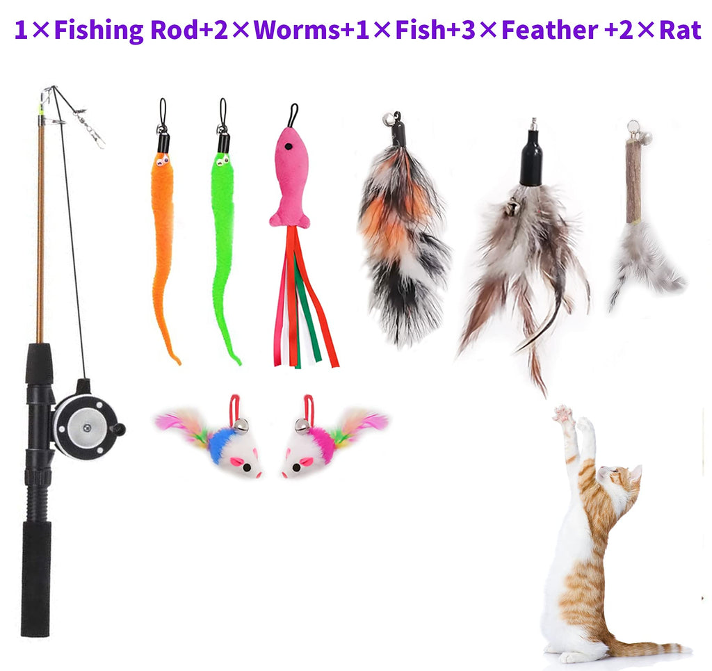Retractable Cat Teaser Wand Toy, Cat Toys for Indoor Outdoor Cats Interactive Fishing Rod with 8 Pcs Refills Feather Toy, Plush Mouse Caterpillar & Fish