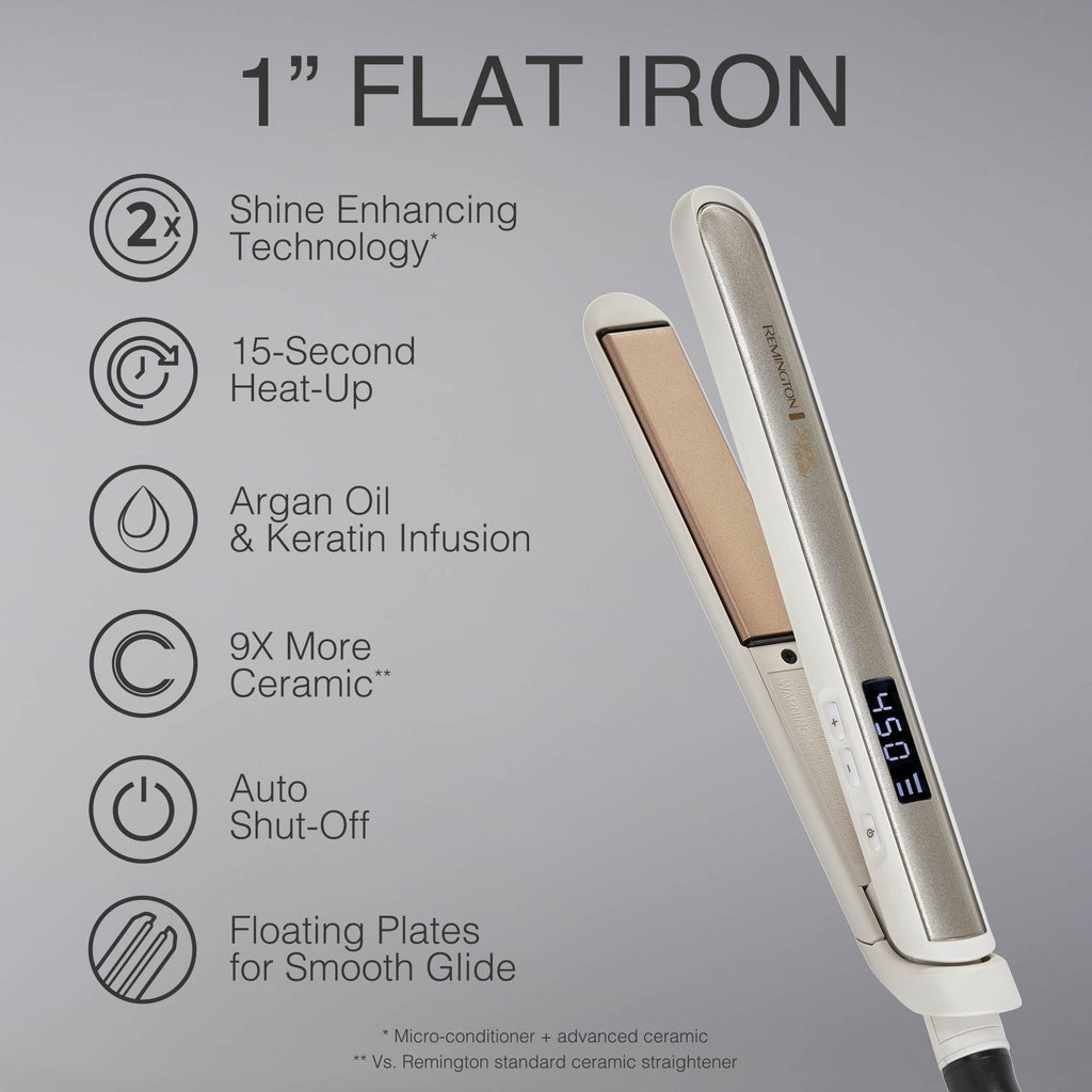 Remington Shine Therapy 1 Inch Hair Straightener, Argan Oil & Keratin | Keratin ceramic plates deliver smooth results; this flat iron reduces frizz for ideal hair styling.