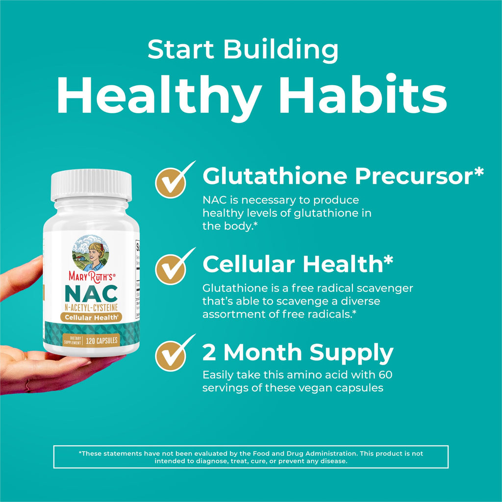 MARYRUTH'S NAC Supplement N-Acetyl Cysteine Capsules, Glutathione Precursor | Glutathione Precursor, Amino Acid, Cellular Health, Vegan, Non-GMO
