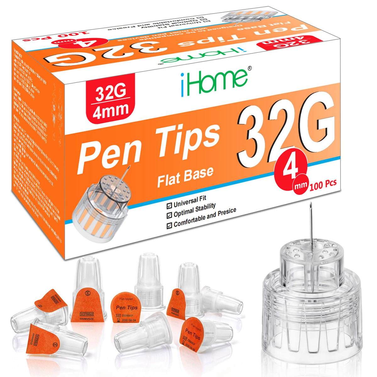 iHome Pen Tips 32G x 4mm Flat Base 100 Count 32G 4mm (5/32“) Pen Tip Comfortable Wide Seat Design