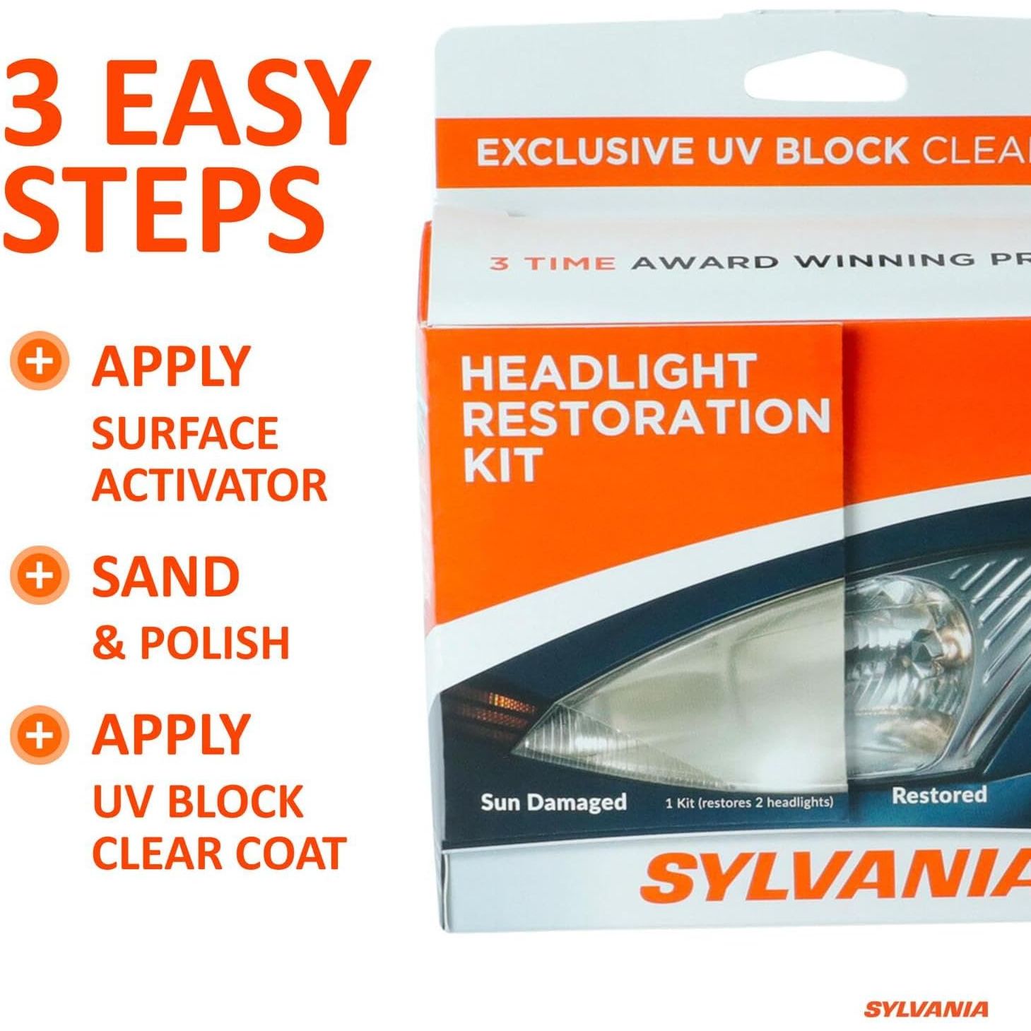 Buy now Sylvania Headlight Restoration Kit - Long-Lasting Headlight Repair Kit for Restoring to Like-New Condition - Surface Activator, Exclusive UV Coating, Clarifying Compound & More - No Tools Required at indiglob india