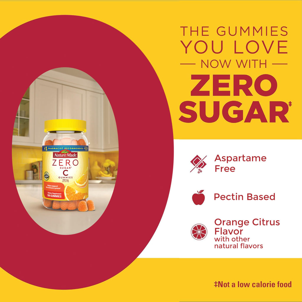 Nature Made Zero Sugar Vitamin C Gummies 250 mg per Serving, 100 Gummies | Sugar Free Vitamin C Gummies for Immune and Antioxidant Support, Aspartame Free, Orange Citrus Flavor, 50 Day Supply
