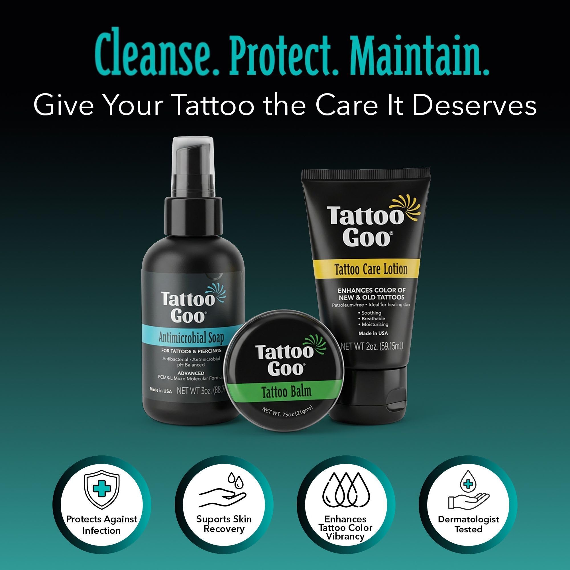 Tattoo Goo Tattoo Aftercare Kit, 3 Piece Set, Includes Antimicrobial Soap, Tattoo Balm & Healing Lotion, Main Vibrant Color & Glow, Complete Kit for Fresh Ink, Ongoing Ink Maintenance & Piercing Care