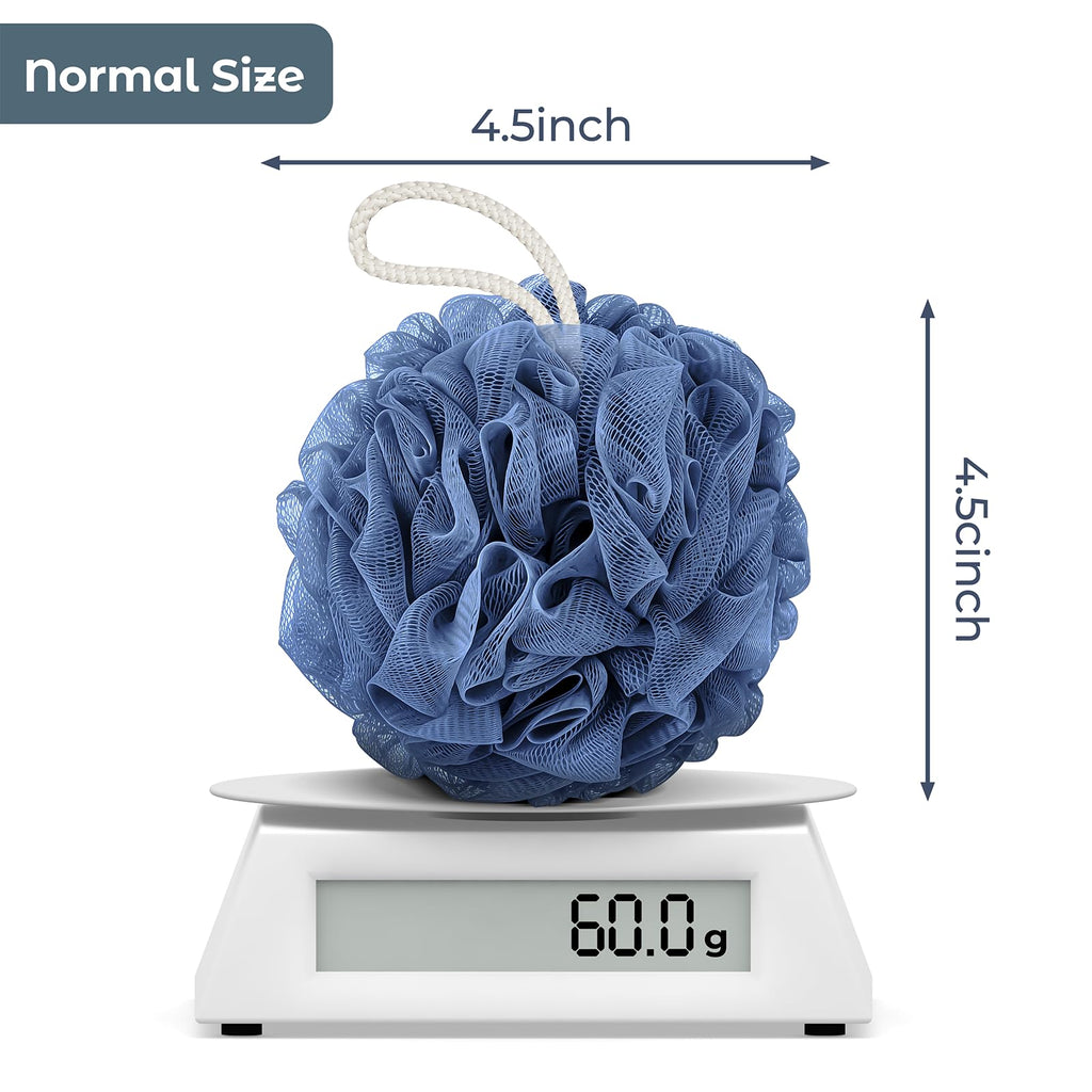 Rnoafmu Shower Loofah Bath Sponge 4 Pack, 60G Exfoliating Body Scrubber | Luffa Mesh Shower Pouf Balls for Men and Women, Rich Lather with Body Wash, Bath Accessories (Blue Gray Green Dark Green)