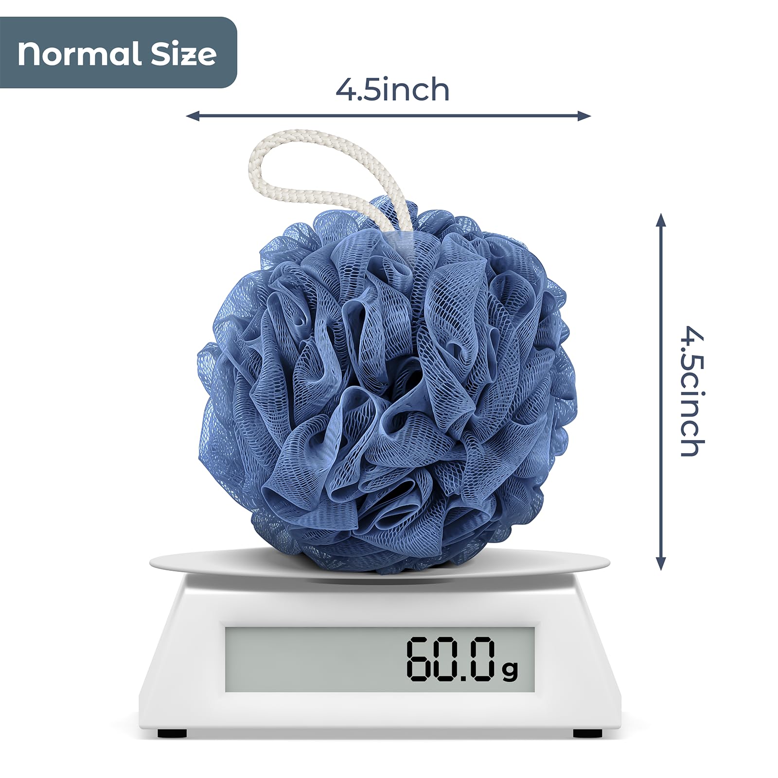 Rnoafmu Shower Loofah Bath Sponge 4 Pack, 60G Exfoliating Body Scrubber | Luffa Mesh Shower Pouf Balls for Men and Women, Rich Lather with Body Wash, Bath Accessories (Blue Gray Green Dark Green)