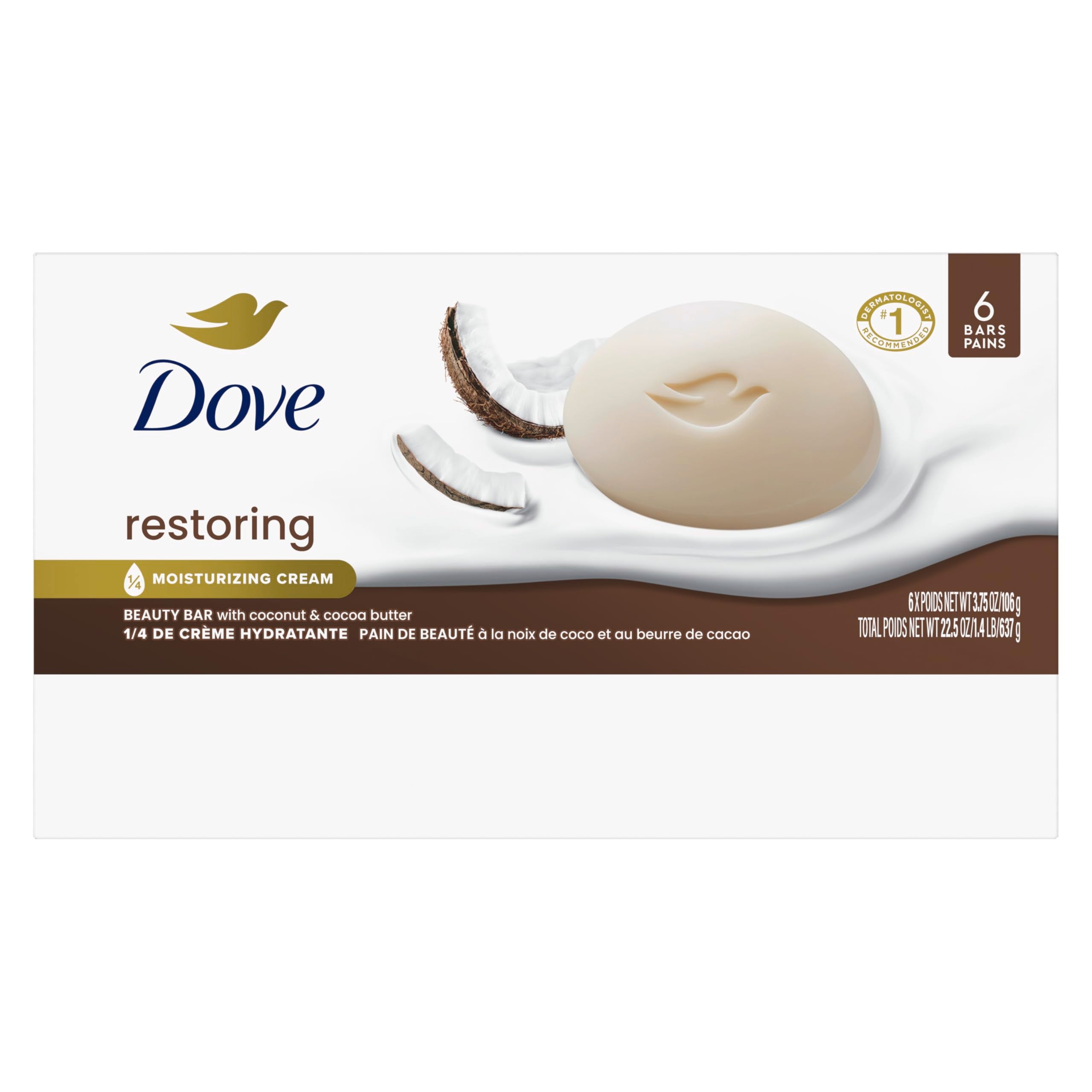 Dove Beauty Bar Soap Restoring Coconut & Cocoa Butter 6 Count 3.75 oz | For Restored Skin, Nourishes Skin