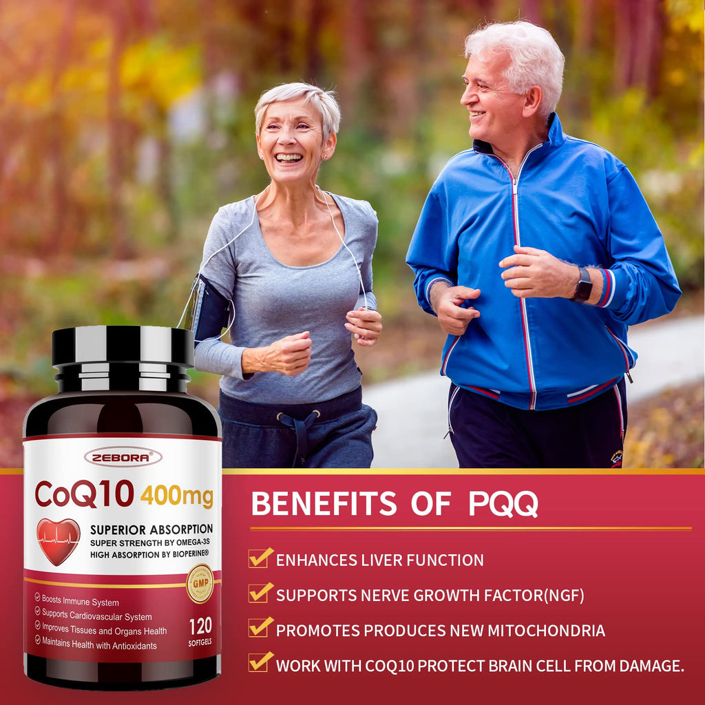 ZEBORA CoQ10 400mg Softgels, 120 Servings | with PQQ, BioPerine & Omega-3, Ubiquinone, High-Absorption, Powerful-Antioxidant, Support Heart & Energy-Production