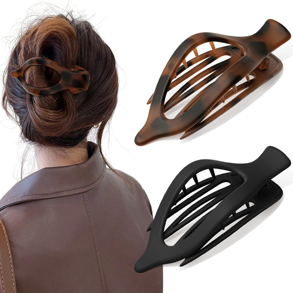 4 PCS Large Flat Hair Clips for Women Girls, French Concord Lay Down Claw Clips for Thick Thin Hair, Comfortable Curved Flat Clip, Leopard Print Stylish Strong Hold Hair Accessories, Tortoise