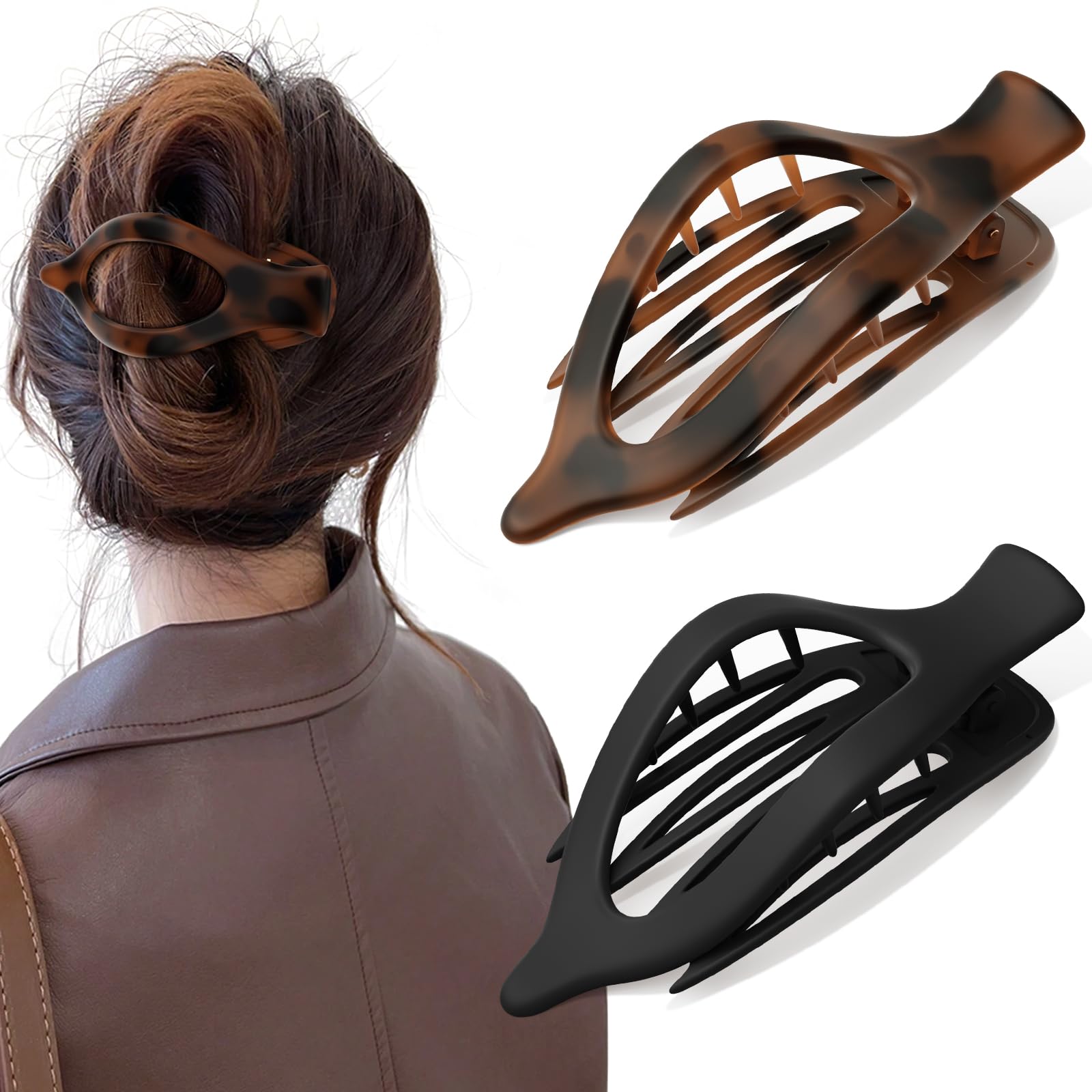 4 PCS Large Flat Hair Clips for Women Girls, French Concord Lay Down Claw Clips for Thick Thin Hair, Comfortable Curved Flat Clip, Leopard Print Stylish Strong Hold Hair Accessories, Tortoise
