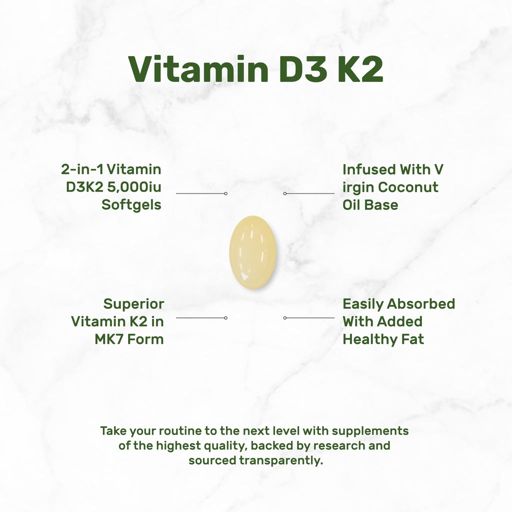 DEAL SUPPLEMENT Vitamin D3 5,000 IU + K2 MK7 100mcg Softgels | 2-in-1 Complex with Virgin Coconut Oil | Supports Heart, Bone, Teeth & Immune Health | Easy to Swallow