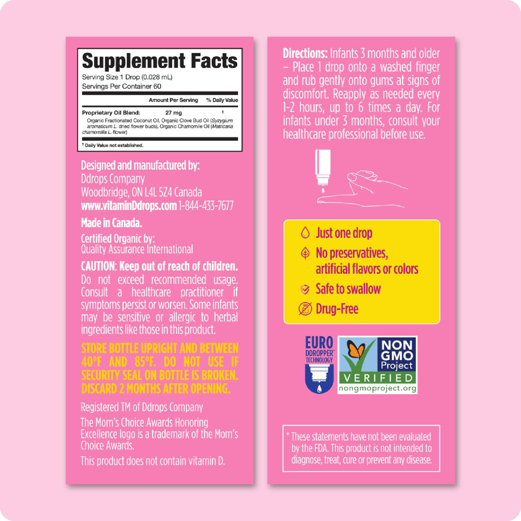 Ddrops Baby, Organic Teething Liquid Drops, for Ages 3 Months+, 60 Drops, 0.06 fl oz (1.7 ml)